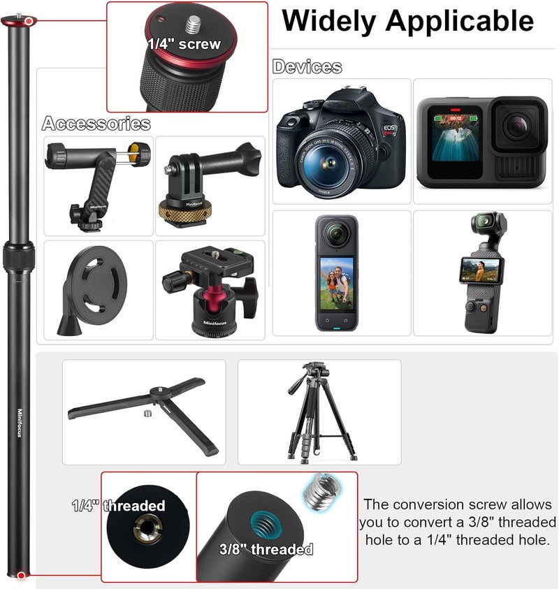 MINIFOCUS Tripod Extension, 2 Section Center Columns, 23.4" Alloy Aluminum Tripod Extender Tube Telescopic Stick Rod with 1/4" 3/8" Screw, Compatible with Tripods/Gimbal/Camera, Max Load 33lb - Image 3